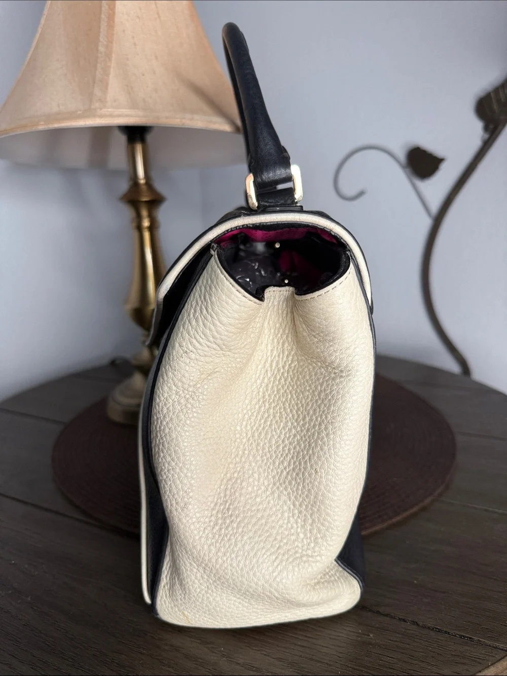 KATE SPADE Ivory & Black Colorblock Wesley Place Pebbled  Leather Handbag
